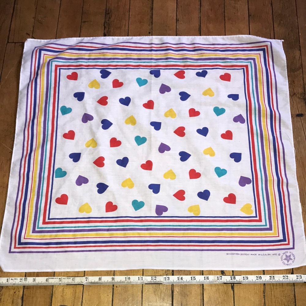 Vintage Colorful Heart Print Bandana Scarf Multi Heart Pattern White OS
